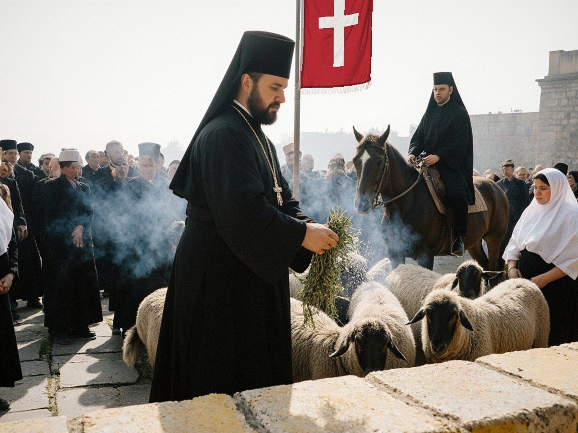 A priest blessing sheep and horses with water and juniper smoke on the cathedral esplanade