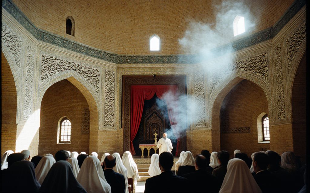 The interior of the cathedral: yellow brick, carved plaster panels, the walnut screen and a priest in white before the altar, with incense smoke