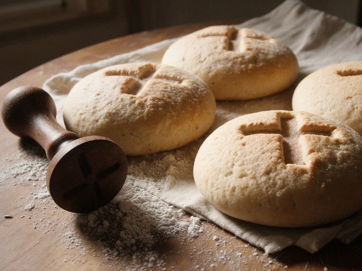 Round unleavened loaves stamped with a cross beside a wooden stamp
