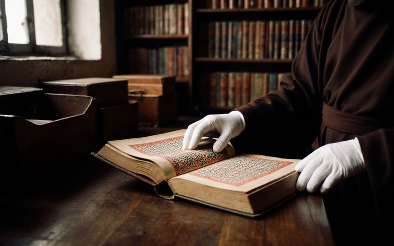 Gloved hands turning the page of an old manuscript in the seminary library